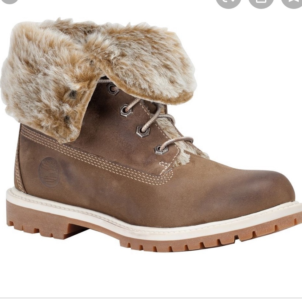 Timberland Fur Lined Taupe Leather Fold Over Boots